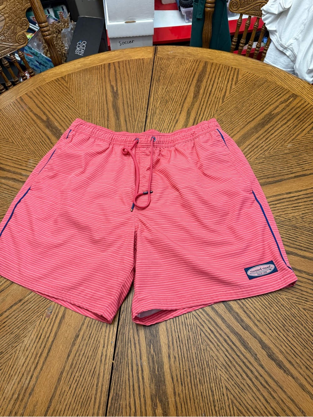Vineyard Vines Coral Striped Swim Trunks